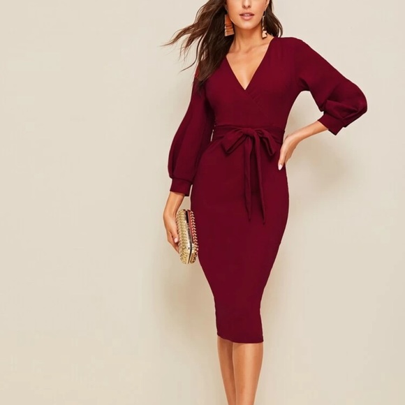Dresses & Skirts - Burgundy Long sleeve belted pencil fitted dress